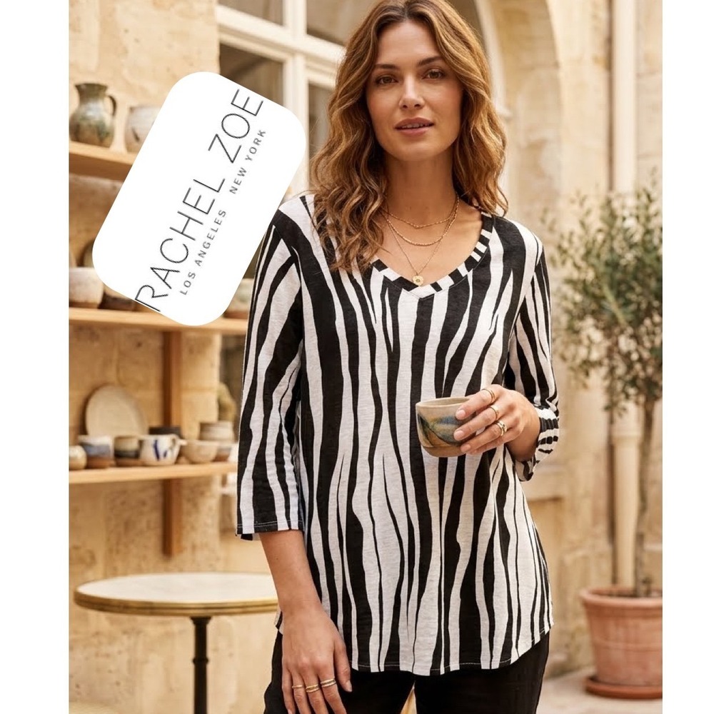 Rachel Zoe 100% Linen Zebra Print V-Neck Top Black White 3/4 Sleeve 1X Baddie